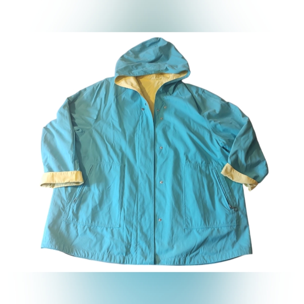 Talbots Women's Size 1X Double Sided Hooded RainCoat Teal/Yellow